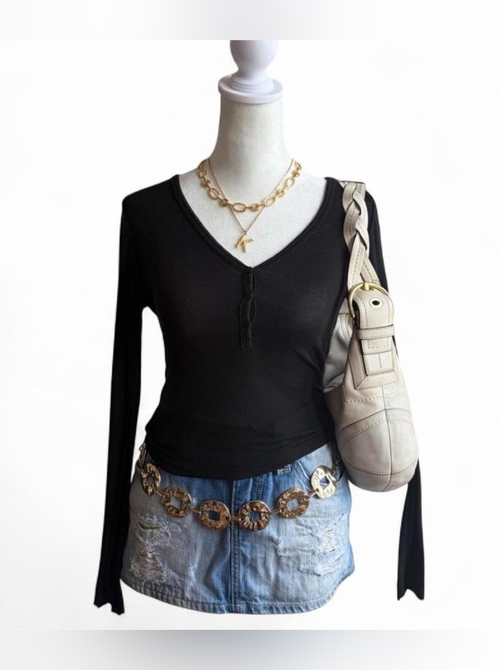 Victoria’s Secret Black Ribbed Henley Long Sleeve Top XS Y2K Fitted